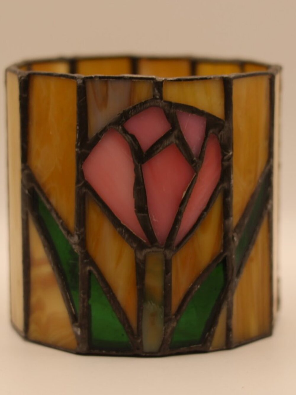 Vintage stained glass votive candle holder pink tulip design, art nouveau, textu
